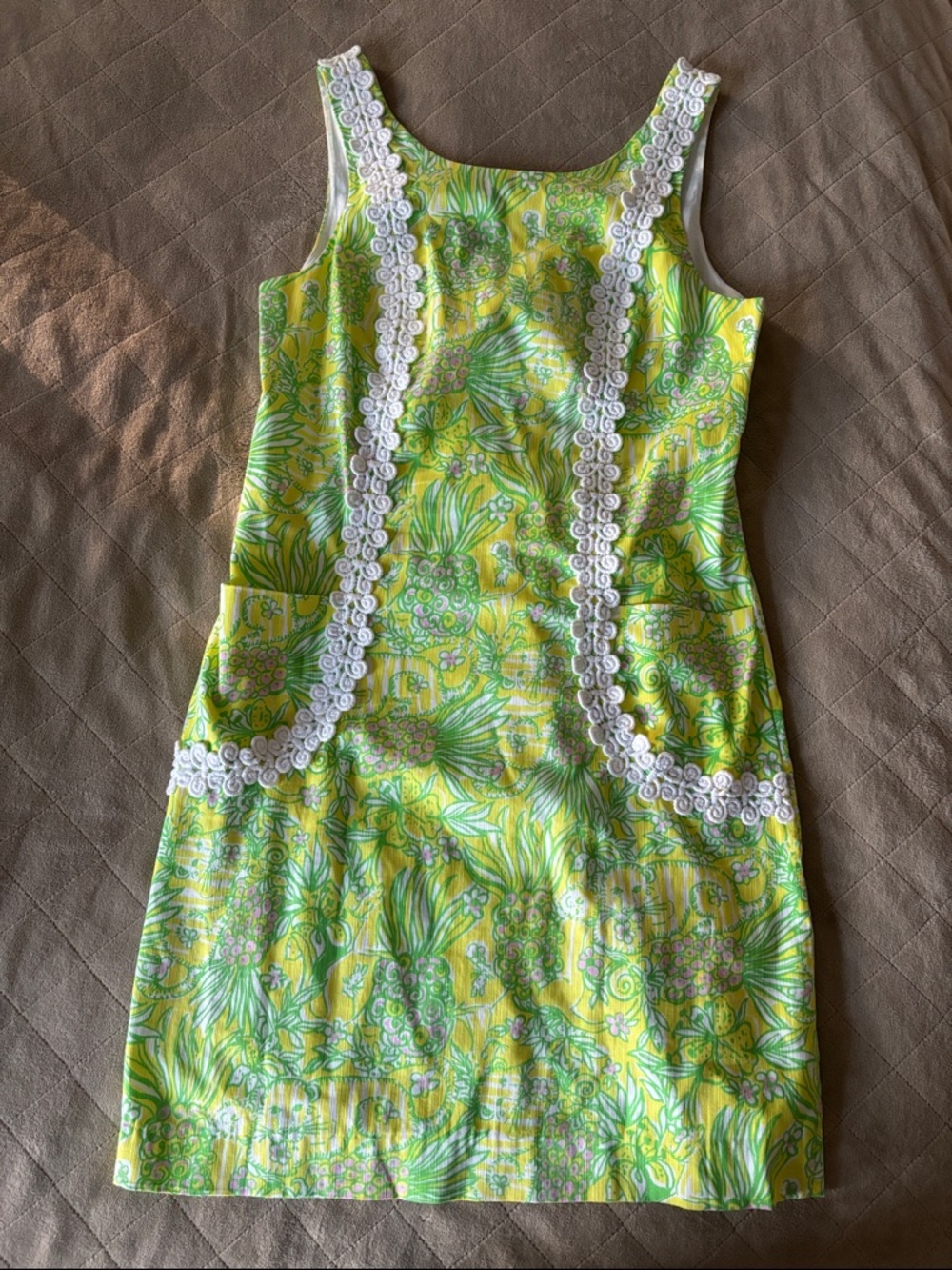 Lilly Pulitzer Yellow and Green Floral Shift Dress with White Trim